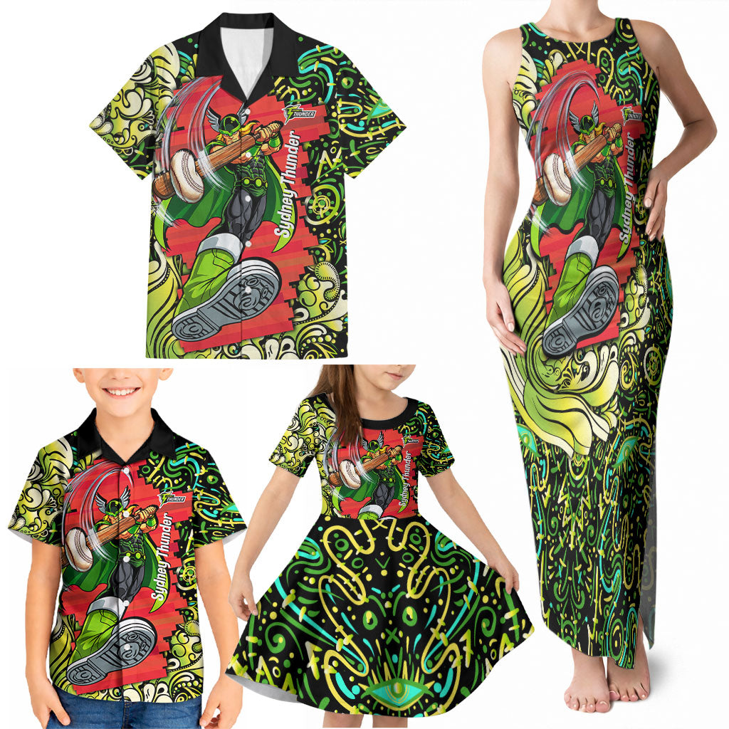 Personalized Sydney Thunder Cricket Family Matching Tank Maxi Dress and Hawaiian Shirt Hippie Psychedelic Pattern Vibrant Mandala Art Style