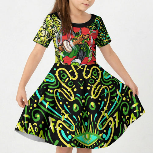 Personalized Sydney Thunder Cricket Kid Short Sleeve Dress Hippie Psychedelic Pattern Vibrant Mandala Art Style