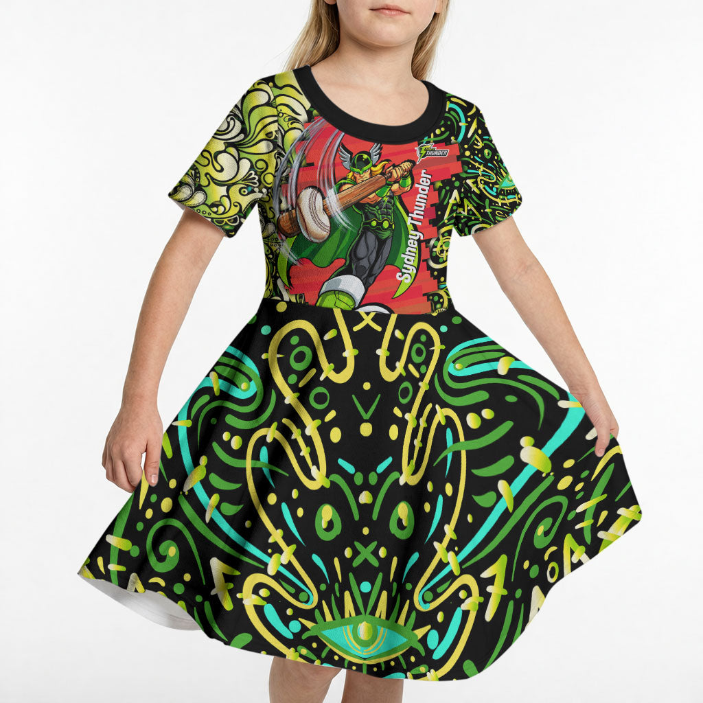 Personalized Sydney Thunder Cricket Kid Short Sleeve Dress Hippie Psychedelic Pattern Vibrant Mandala Art Style
