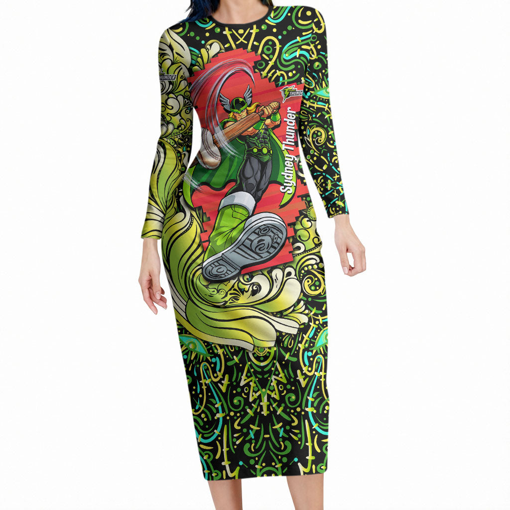 Personalized Sydney Thunder Cricket Long Sleeve Bodycon Dress Hippie Psychedelic Pattern Vibrant Mandala Art Style