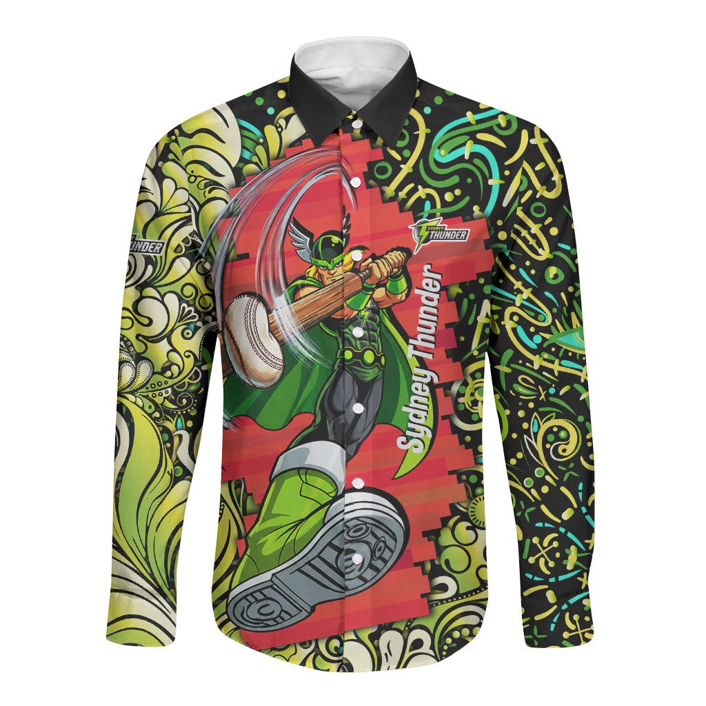 Personalized Sydney Thunder Cricket Long Sleeve Button Shirt Hippie Psychedelic Pattern Vibrant Mandala Art Style