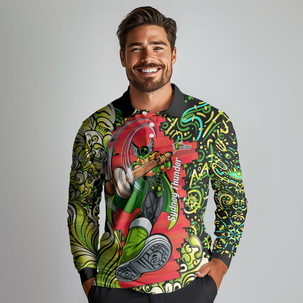 Personalized Sydney Thunder Cricket Long Sleeve Polo Shirt Hippie Psychedelic Pattern Vibrant Mandala Art Style