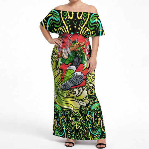 Personalized Sydney Thunder Cricket Off Shoulder Maxi Dress Hippie Psychedelic Pattern Vibrant Mandala Art Style