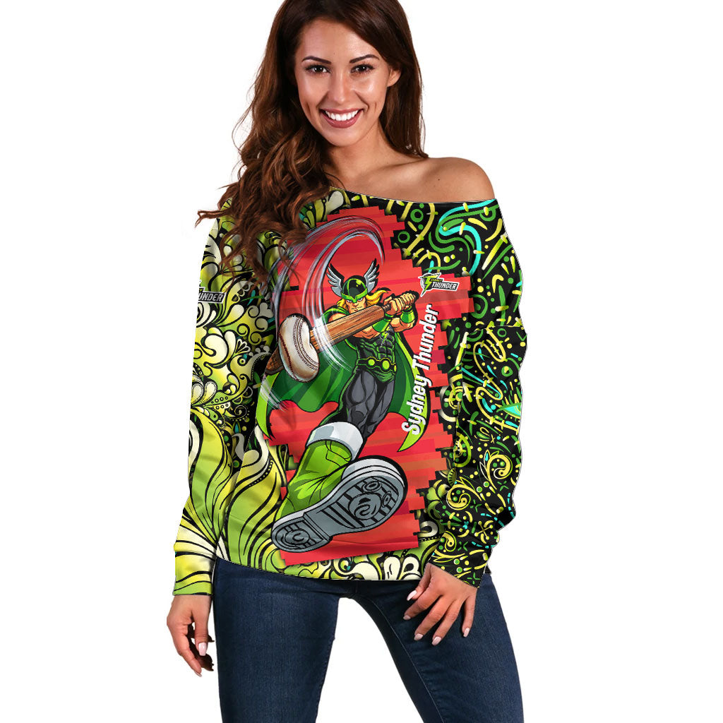 Personalized Sydney Thunder Cricket Off Shoulder Sweater Hippie Psychedelic Pattern Vibrant Mandala Art Style