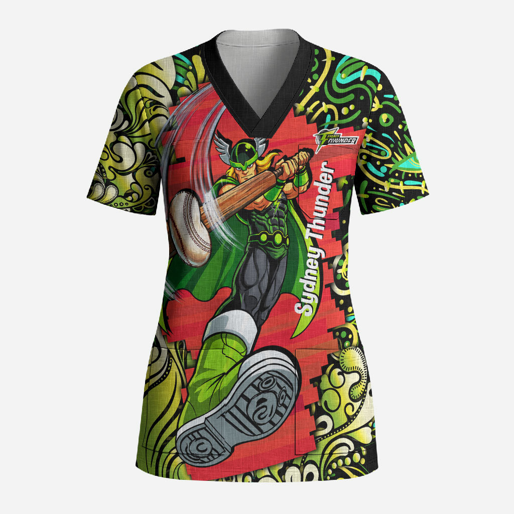 Personalized Sydney Thunder Cricket Scrub Top Hippie Psychedelic Pattern Vibrant Mandala Art Style
