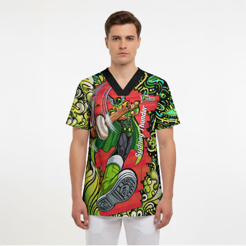 Personalized Sydney Thunder Cricket Scrub Top Hippie Psychedelic Pattern Vibrant Mandala Art Style
