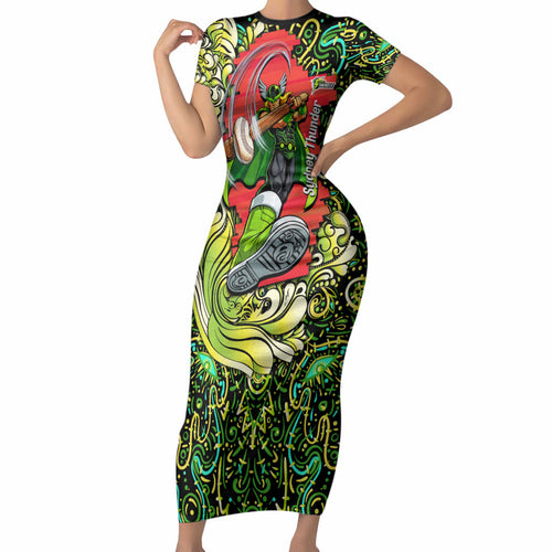 Personalized Sydney Thunder Cricket Short Sleeve Bodycon Dress Hippie Psychedelic Pattern Vibrant Mandala Art Style