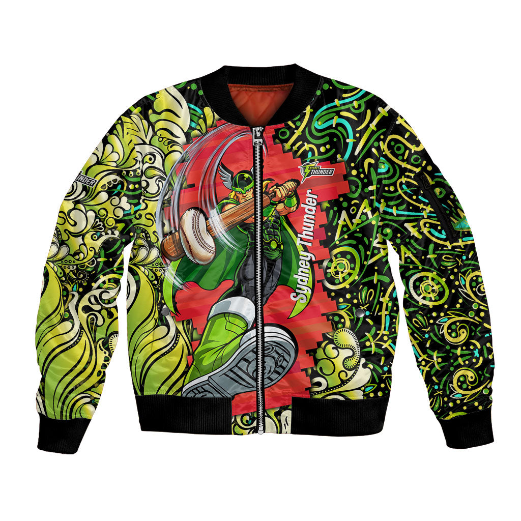 Personalized Sydney Thunder Cricket Sleeve Zip Bomber Jacket Hippie Psychedelic Pattern Vibrant Mandala Art Style