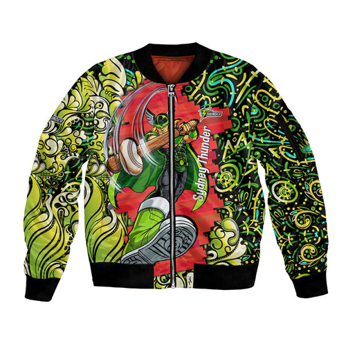 Personalized Sydney Thunder Cricket Sleeve Zip Bomber Jacket Hippie Psychedelic Pattern Vibrant Mandala Art Style