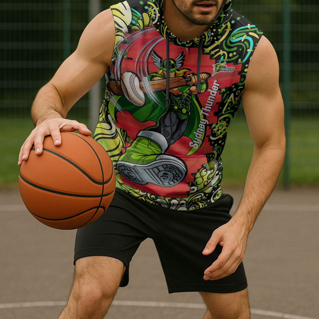 Personalized Sydney Thunder Cricket Sleeveless Hoodie Hippie Psychedelic Pattern Vibrant Mandala Art Style