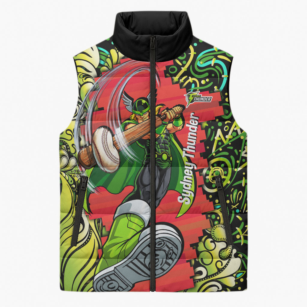 Personalized Sydney Thunder Cricket Sleeveless Puffer Jacket Hippie Psychedelic Pattern Vibrant Mandala Art Style
