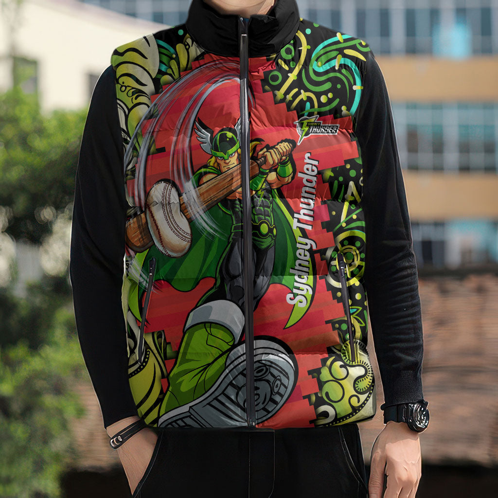 Personalized Sydney Thunder Cricket Sleeveless Puffer Jacket Hippie Psychedelic Pattern Vibrant Mandala Art Style