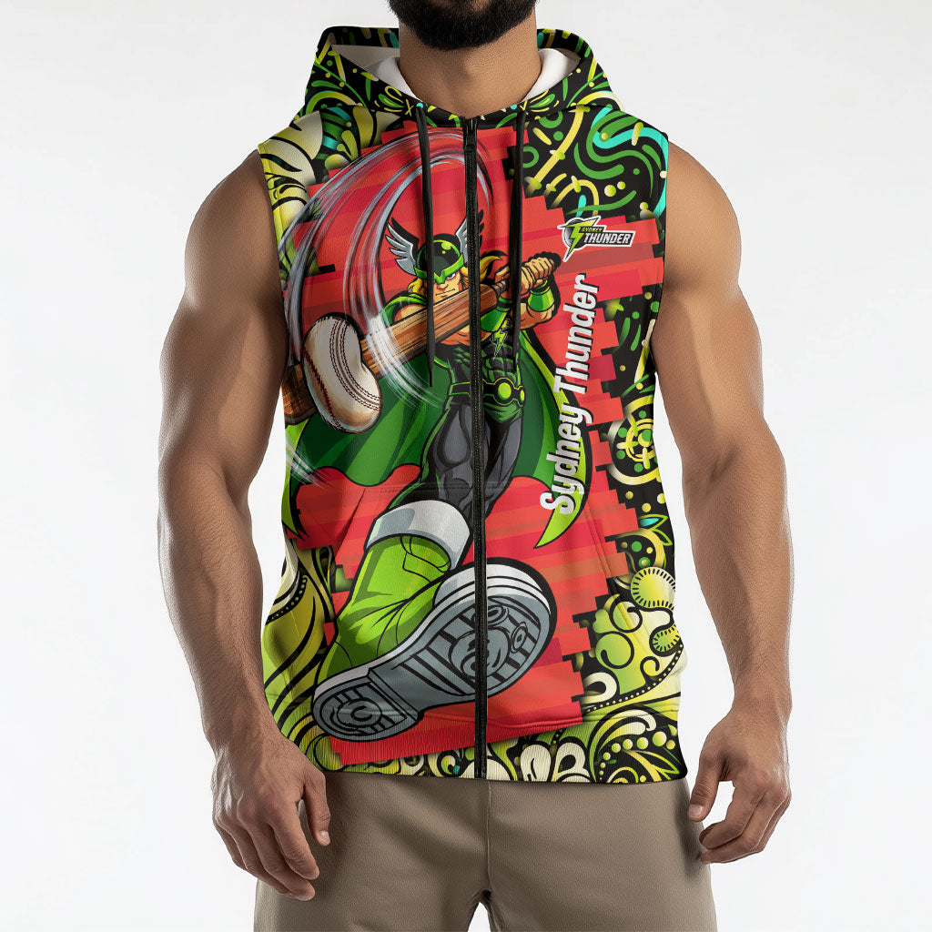 Personalized Sydney Thunder Cricket Sleeveless Zip Hoodie Hippie Psychedelic Pattern Vibrant Mandala Art Style