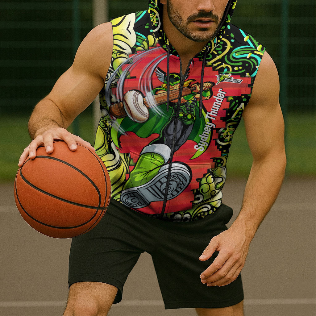 Personalized Sydney Thunder Cricket Sleeveless Zip Hoodie Hippie Psychedelic Pattern Vibrant Mandala Art Style