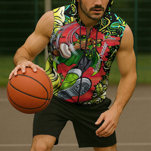 Personalized Sydney Thunder Cricket Sleeveless Zip Hoodie Hippie Psychedelic Pattern Vibrant Mandala Art Style