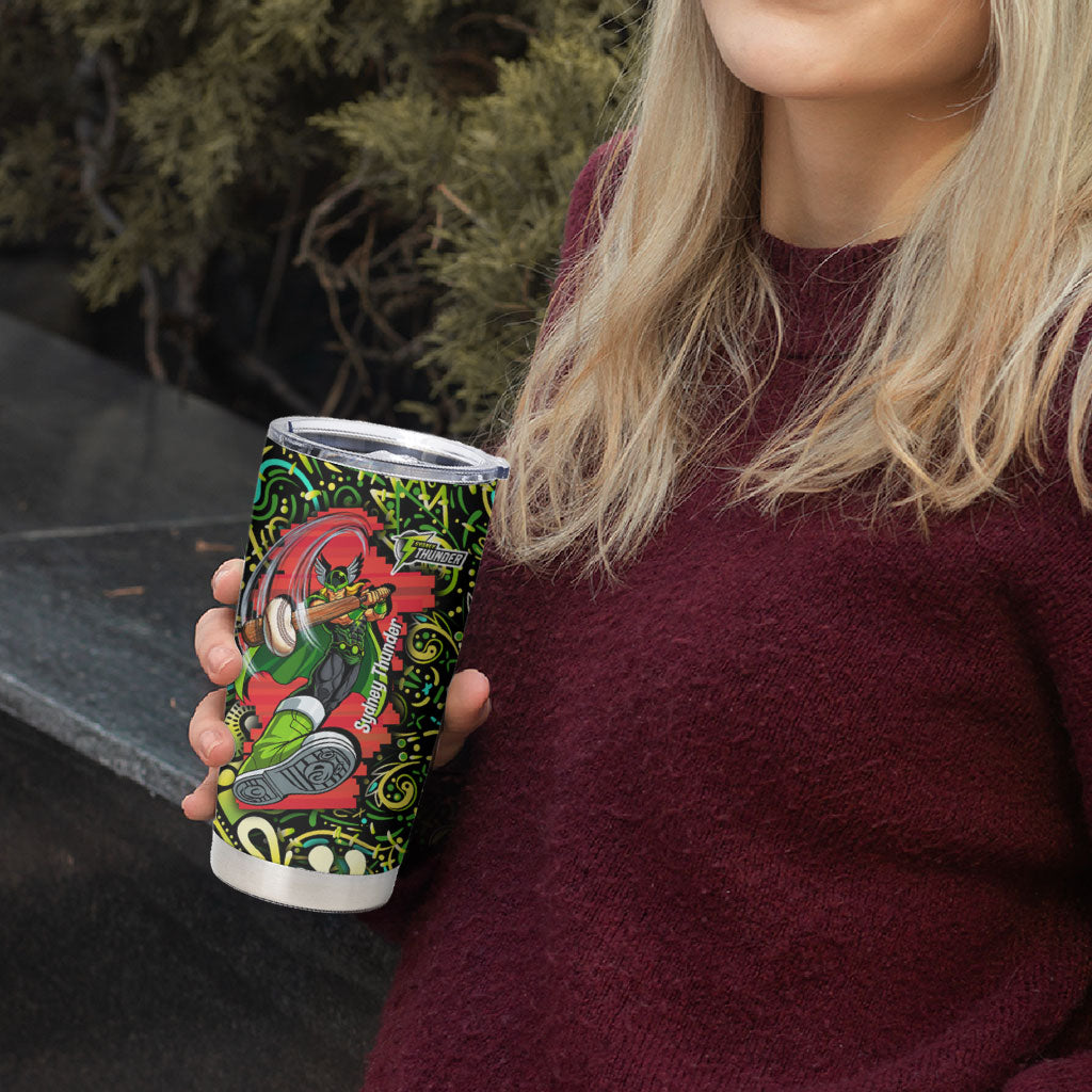 Personalized Sydney Thunder Cricket Tumbler Cup Hippie Psychedelic Pattern Vibrant Mandala Art Style