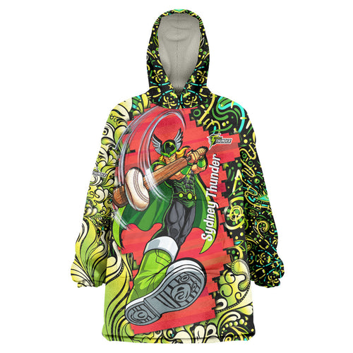 Personalized Sydney Thunder Cricket Wearable Blanket Hoodie Hippie Psychedelic Pattern Vibrant Mandala Art Style