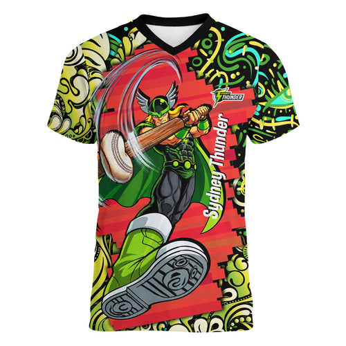 Personalized Sydney Thunder Cricket Women V-Neck T-Shirt Hippie Psychedelic Pattern Vibrant Mandala Art Style