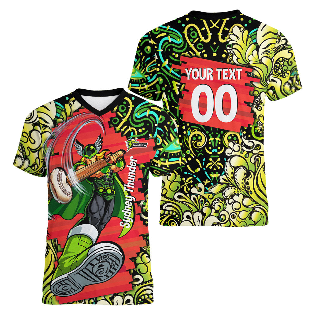 Personalized Sydney Thunder Cricket Women V-Neck T-Shirt Hippie Psychedelic Pattern Vibrant Mandala Art Style