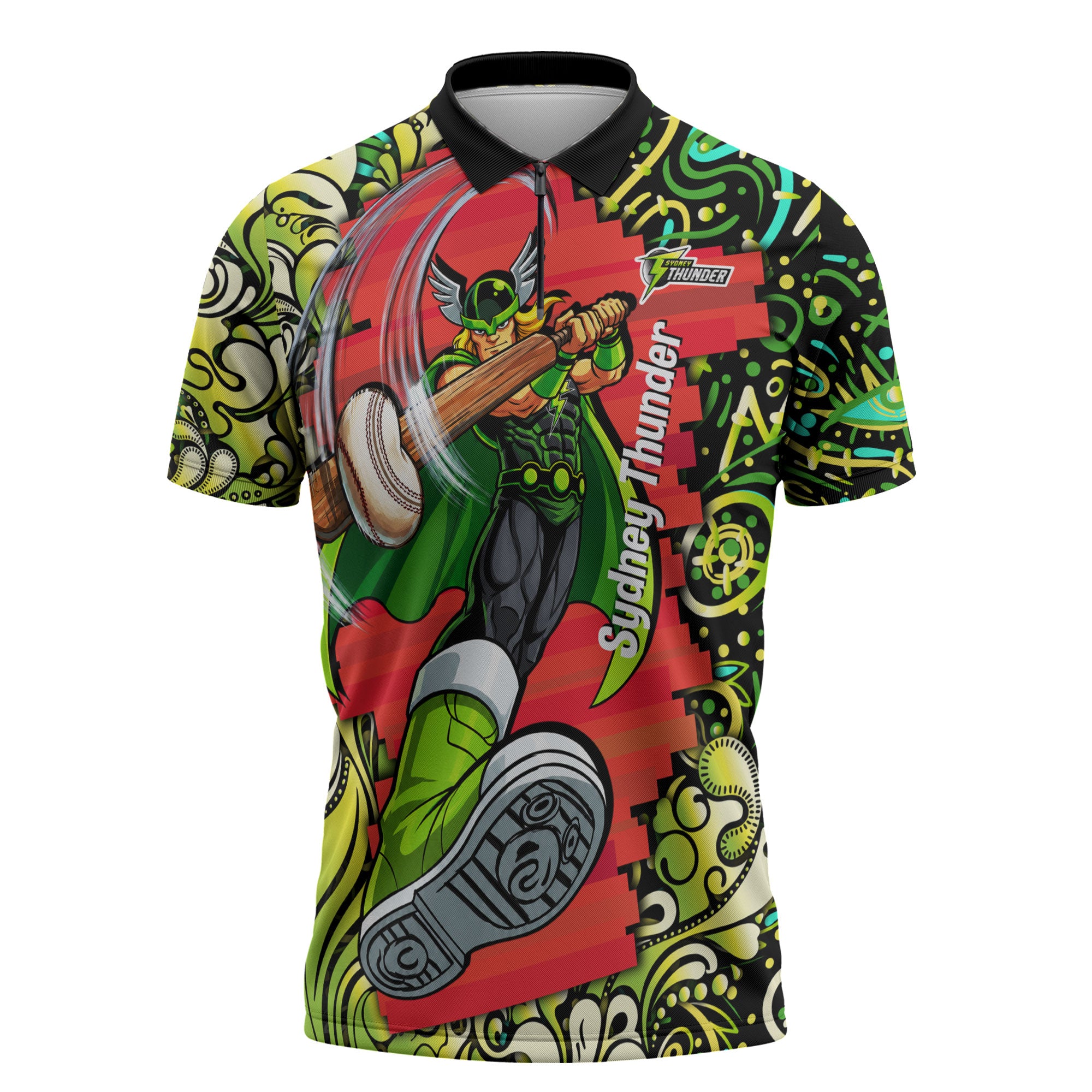 Personalized Sydney Thunder Cricket Zipper Polo Shirt Hippie Psychedelic Pattern Vibrant Mandala Art Style