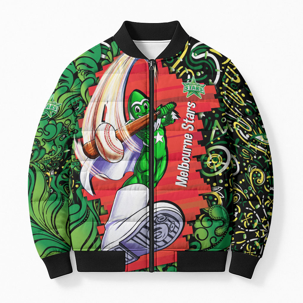 Personalized Melbourne Stars Cricket Bomber Puffer Jacket Hippie Psychedelic Pattern Vibrant Mandala Art Style