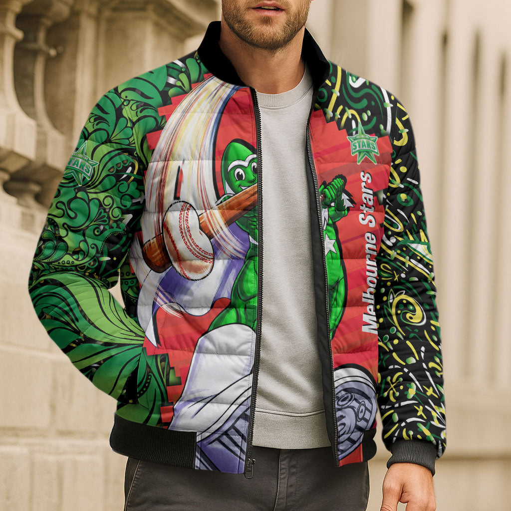 Personalized Melbourne Stars Cricket Bomber Puffer Jacket Hippie Psychedelic Pattern Vibrant Mandala Art Style