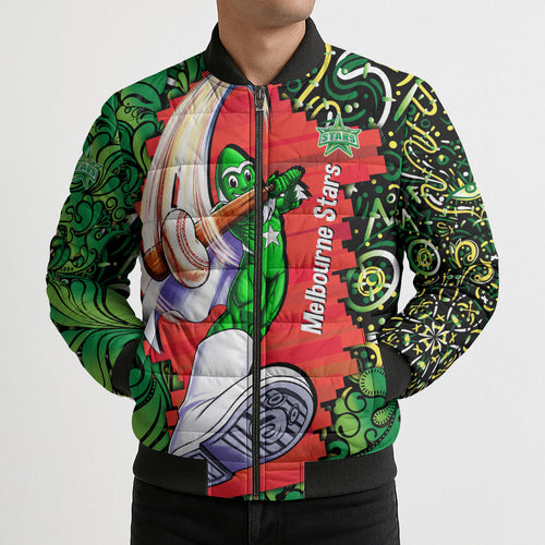 Personalized Melbourne Stars Cricket Bomber Puffer Jacket Hippie Psychedelic Pattern Vibrant Mandala Art Style