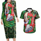 Personalized Melbourne Stars Cricket Couples Matching Long Sleeve Bodycon Dress and Hawaiian Shirt Hippie Psychedelic Pattern Vibrant Mandala Art Style