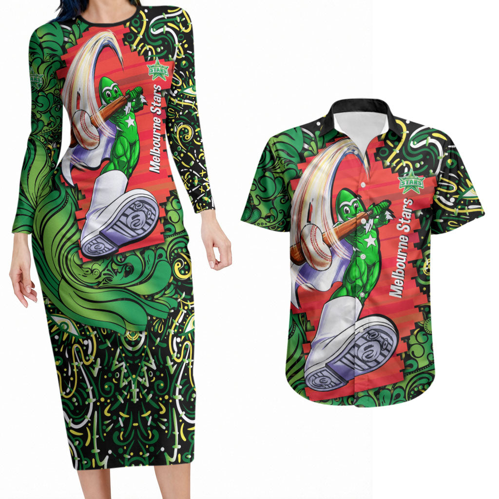 Personalized Melbourne Stars Cricket Couples Matching Long Sleeve Bodycon Dress and Hawaiian Shirt Hippie Psychedelic Pattern Vibrant Mandala Art Style