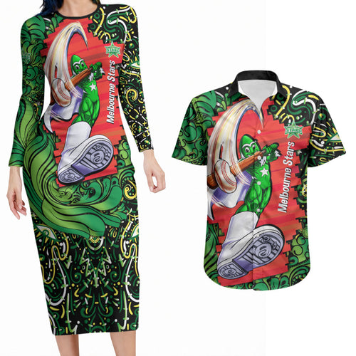 Personalized Melbourne Stars Cricket Couples Matching Long Sleeve Bodycon Dress and Hawaiian Shirt Hippie Psychedelic Pattern Vibrant Mandala Art Style