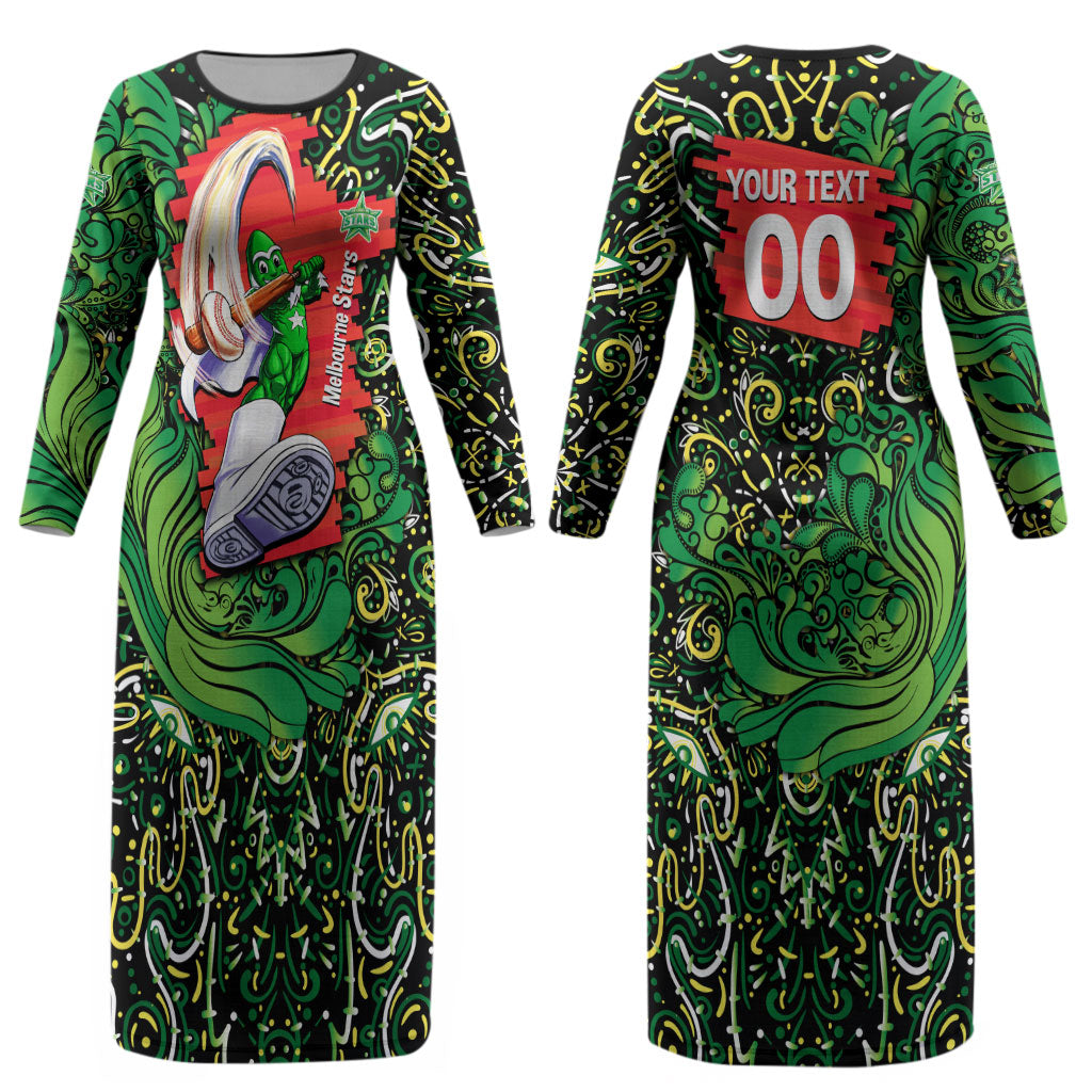 Personalized Melbourne Stars Cricket Couples Matching Long Sleeve Bodycon Dress and Hawaiian Shirt Hippie Psychedelic Pattern Vibrant Mandala Art Style