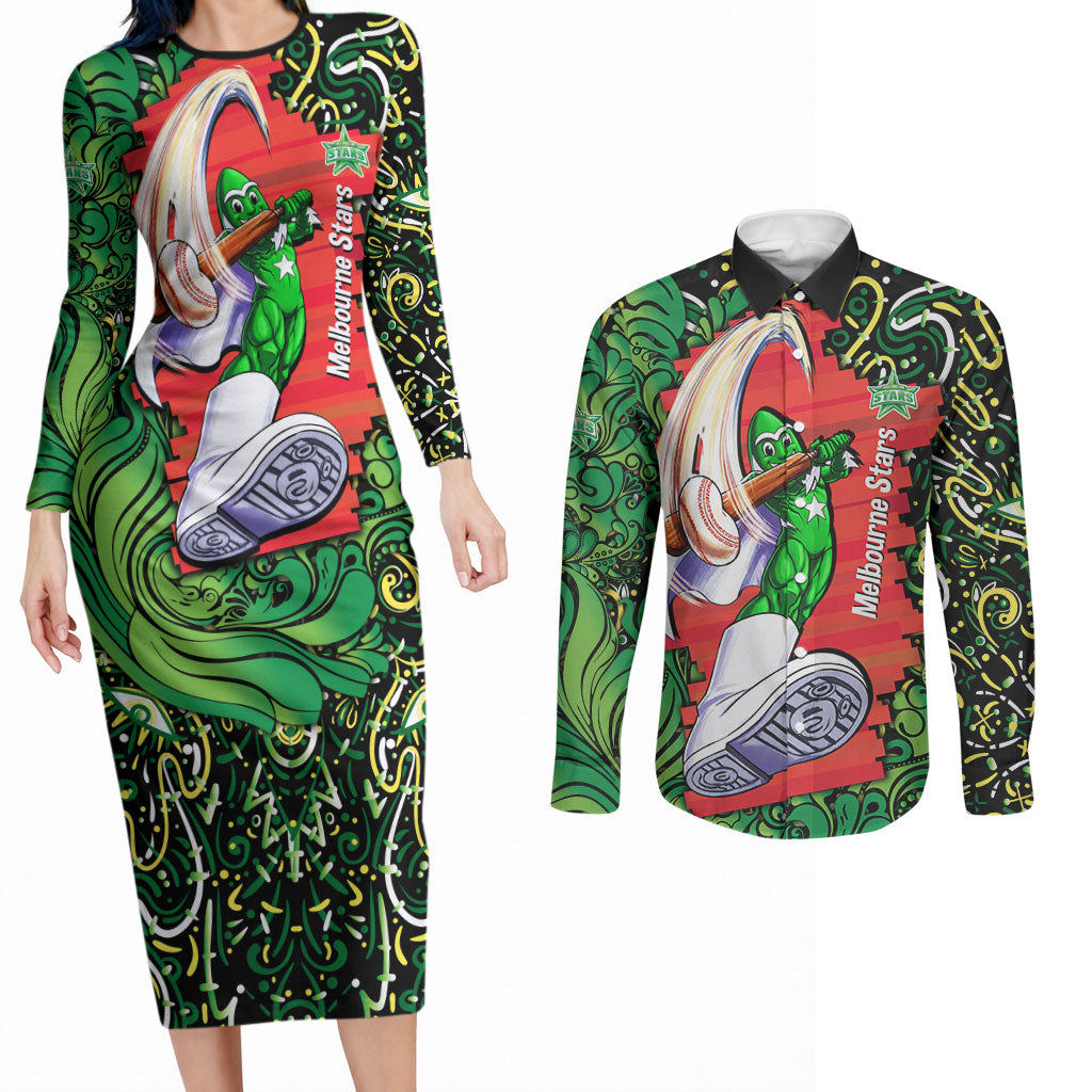 Personalized Melbourne Stars Cricket Couples Matching Long Sleeve Bodycon Dress and Long Sleeve Button Shirt Hippie Psychedelic Pattern Vibrant Mandala Art Style