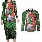 Personalized Melbourne Stars Cricket Couples Matching Long Sleeve Bodycon Dress and Long Sleeve Button Shirt Hippie Psychedelic Pattern Vibrant Mandala Art Style