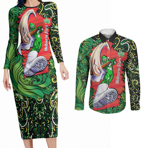 Personalized Melbourne Stars Cricket Couples Matching Long Sleeve Bodycon Dress and Long Sleeve Button Shirt Hippie Psychedelic Pattern Vibrant Mandala Art Style