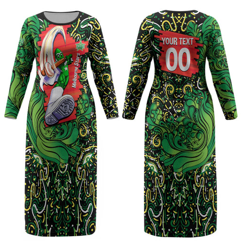 Personalized Melbourne Stars Cricket Couples Matching Long Sleeve Bodycon Dress and Long Sleeve Button Shirt Hippie Psychedelic Pattern Vibrant Mandala Art Style