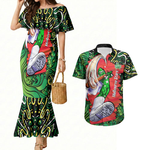 Personalized Melbourne Stars Cricket Couples Matching Mermaid Dress and Hawaiian Shirt Hippie Psychedelic Pattern Vibrant Mandala Art Style