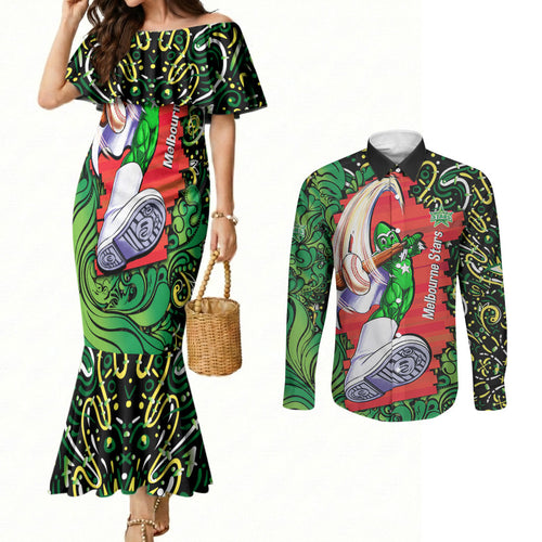 Personalized Melbourne Stars Cricket Couples Matching Mermaid Dress and Long Sleeve Button Shirt Hippie Psychedelic Pattern Vibrant Mandala Art Style