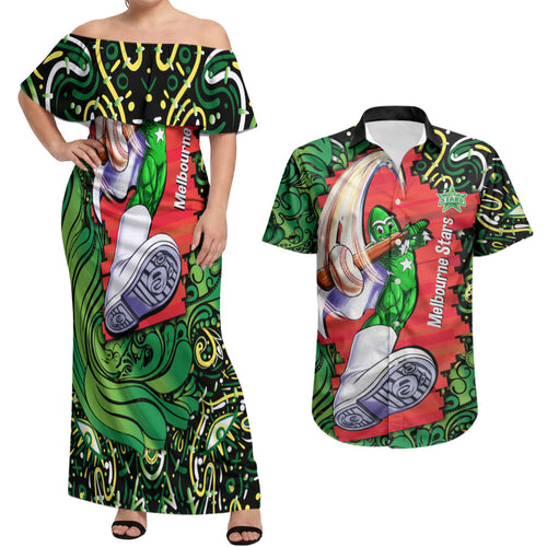 Personalized Melbourne Stars Cricket Couples Matching Off Shoulder Maxi Dress and Hawaiian Shirt Hippie Psychedelic Pattern Vibrant Mandala Art Style