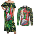 Personalized Melbourne Stars Cricket Couples Matching Off Shoulder Maxi Dress and Long Sleeve Button Shirt Hippie Psychedelic Pattern Vibrant Mandala Art Style