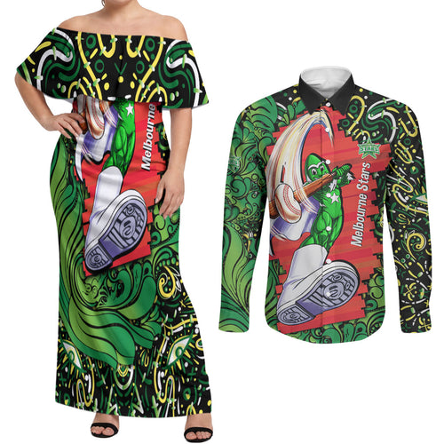 Personalized Melbourne Stars Cricket Couples Matching Off Shoulder Maxi Dress and Long Sleeve Button Shirt Hippie Psychedelic Pattern Vibrant Mandala Art Style