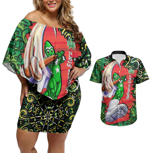 Personalized Melbourne Stars Cricket Couples Matching Off Shoulder Short Dress and Hawaiian Shirt Hippie Psychedelic Pattern Vibrant Mandala Art Style