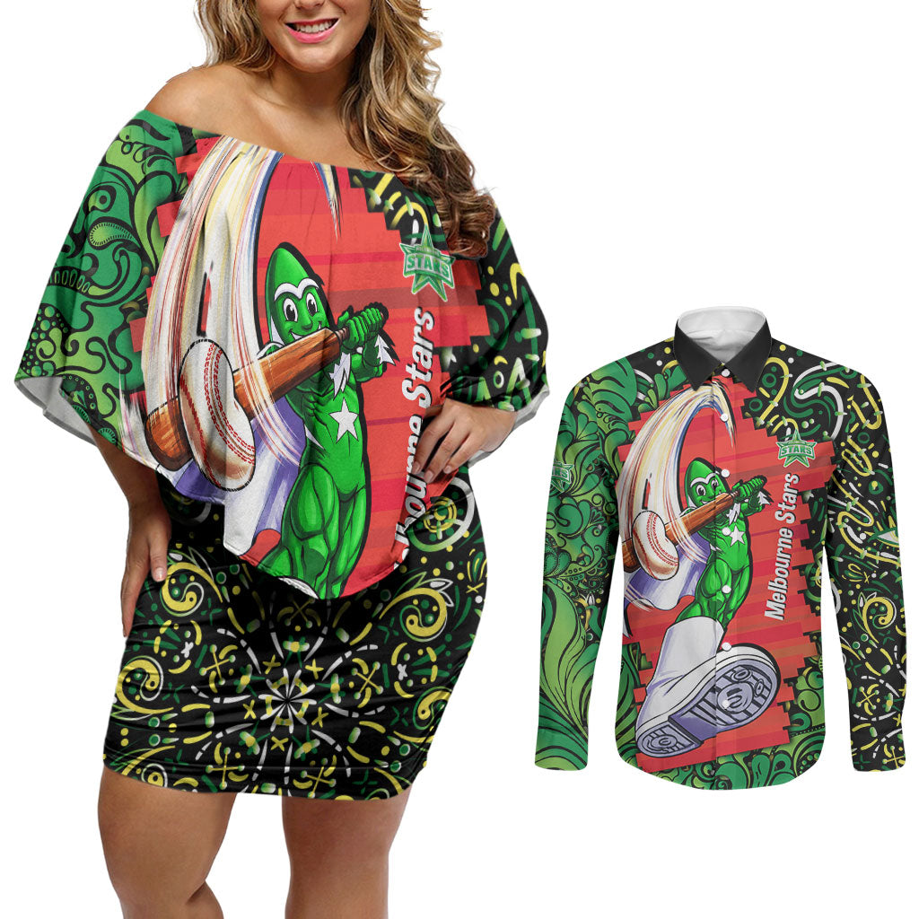 Personalized Melbourne Stars Cricket Couples Matching Off Shoulder Short Dress and Long Sleeve Button Shirt Hippie Psychedelic Pattern Vibrant Mandala Art Style