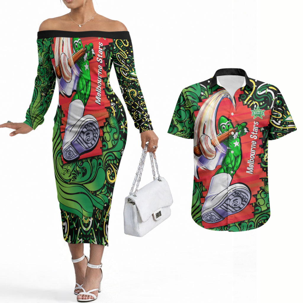 Personalized Melbourne Stars Cricket Couples Matching Off The Shoulder Long Sleeve Dress and Hawaiian Shirt Hippie Psychedelic Pattern Vibrant Mandala Art Style