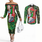 Personalized Melbourne Stars Cricket Couples Matching Off The Shoulder Long Sleeve Dress and Long Sleeve Button Shirt Hippie Psychedelic Pattern Vibrant Mandala Art Style