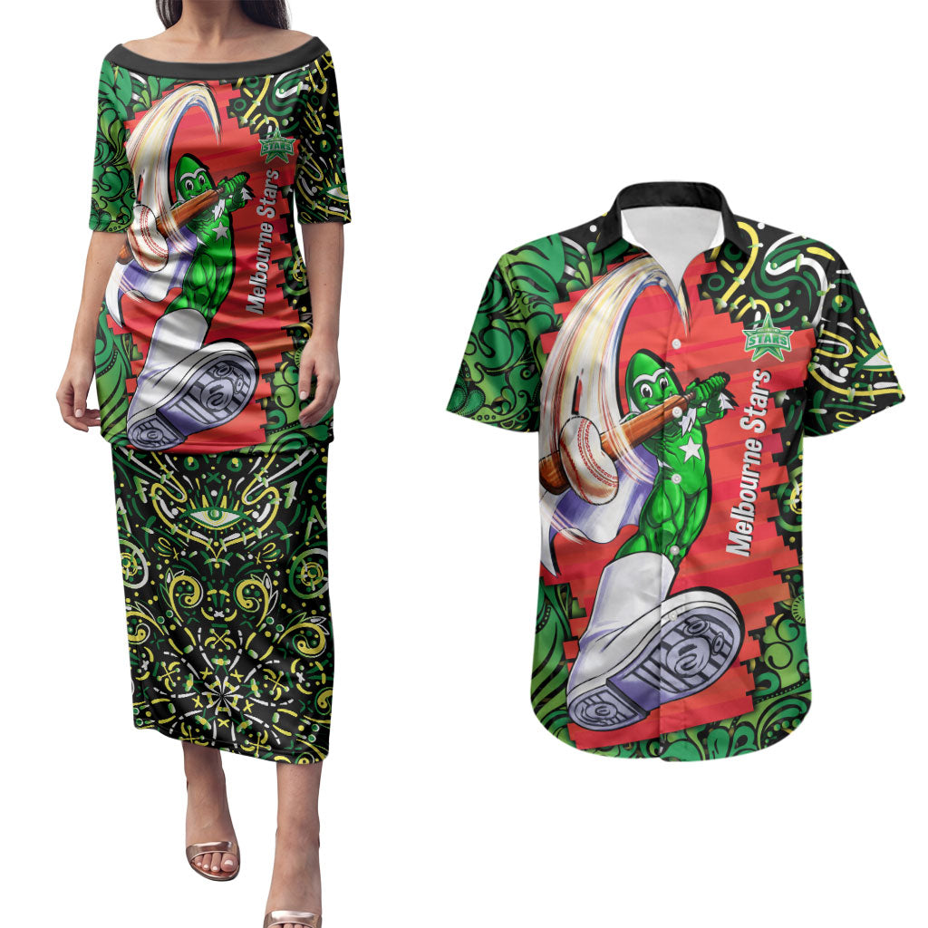 Personalized Melbourne Stars Cricket Couples Matching Puletasi and Hawaiian Shirt Hippie Psychedelic Pattern Vibrant Mandala Art Style
