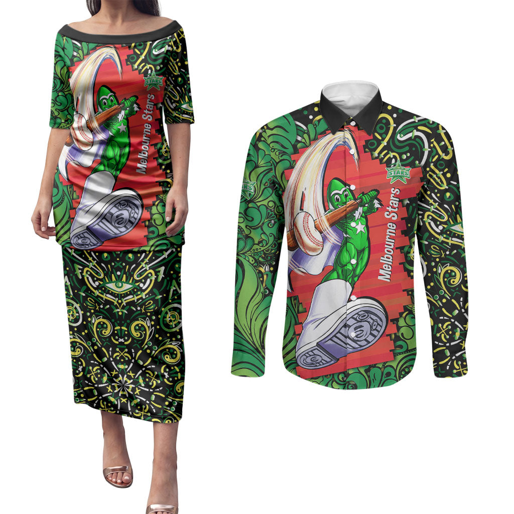 Personalized Melbourne Stars Cricket Couples Matching Puletasi and Long Sleeve Button Shirt Hippie Psychedelic Pattern Vibrant Mandala Art Style