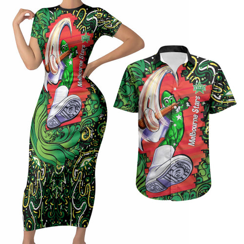 Personalized Melbourne Stars Cricket Couples Matching Short Sleeve Bodycon Dress and Hawaiian Shirt Hippie Psychedelic Pattern Vibrant Mandala Art Style