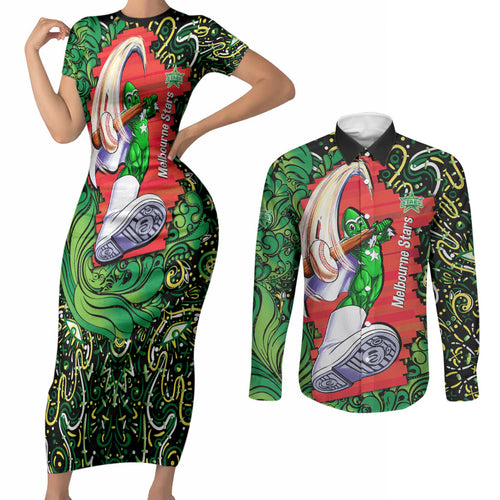 Personalized Melbourne Stars Cricket Couples Matching Short Sleeve Bodycon Dress and Long Sleeve Button Shirt Hippie Psychedelic Pattern Vibrant Mandala Art Style