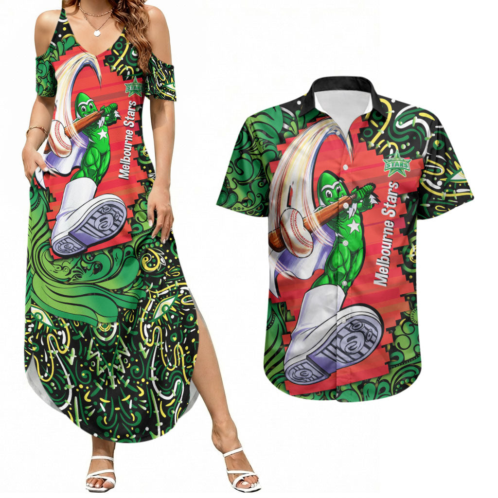 Personalized Melbourne Stars Cricket Couples Matching Summer Maxi Dress and Hawaiian Shirt Hippie Psychedelic Pattern Vibrant Mandala Art Style