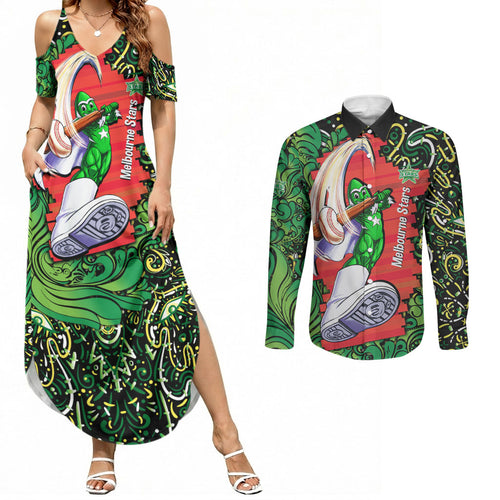 Personalized Melbourne Stars Cricket Couples Matching Summer Maxi Dress and Long Sleeve Button Shirt Hippie Psychedelic Pattern Vibrant Mandala Art Style